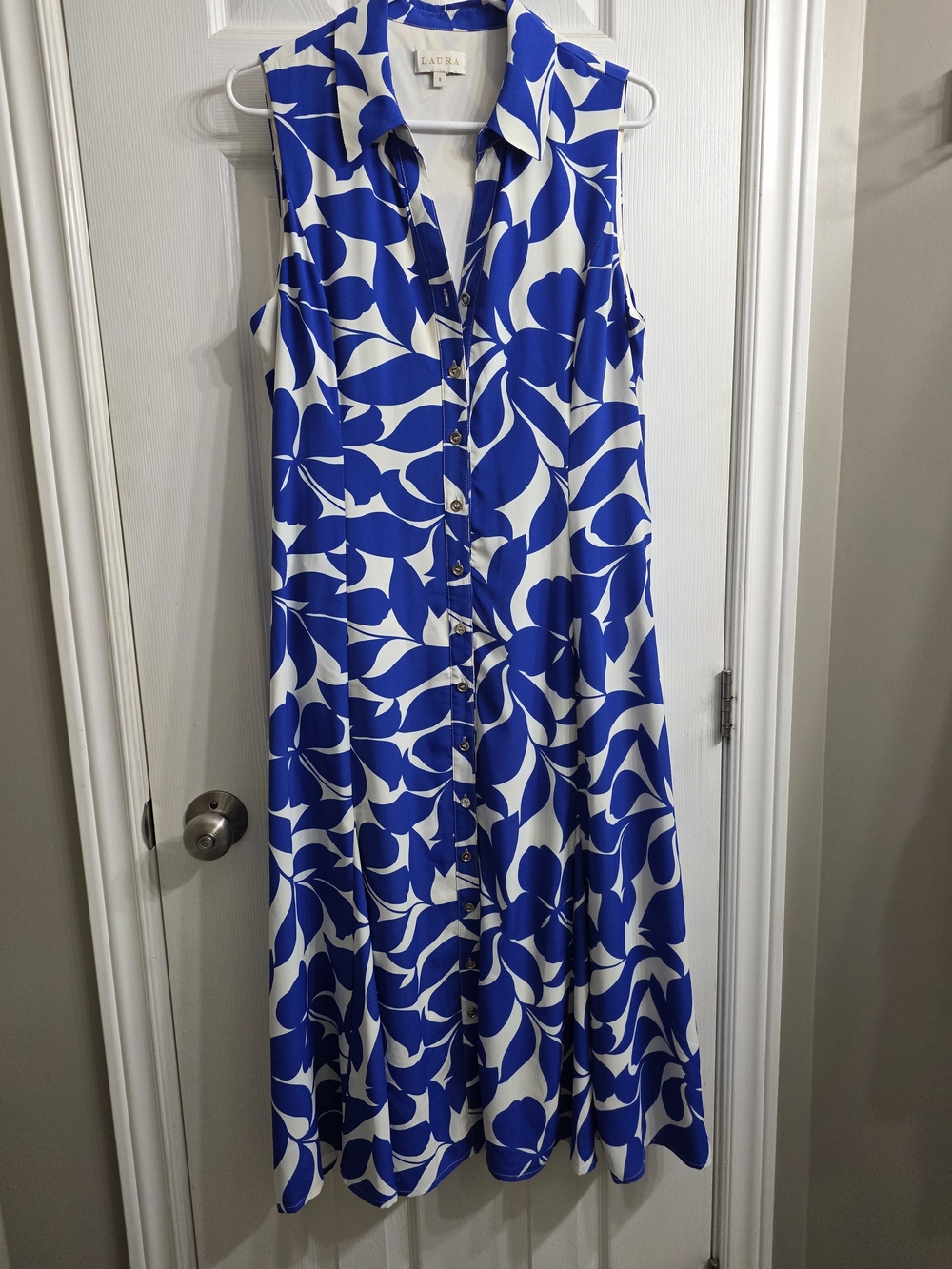 Laura Royal Blue and White Sleeveless Button-Front Maxi Dress